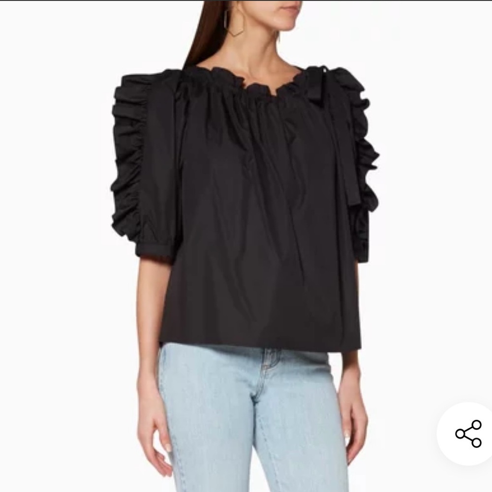 See By Chloe Ruffled Pouf Sleeved Black Cotton Blouse with Bow